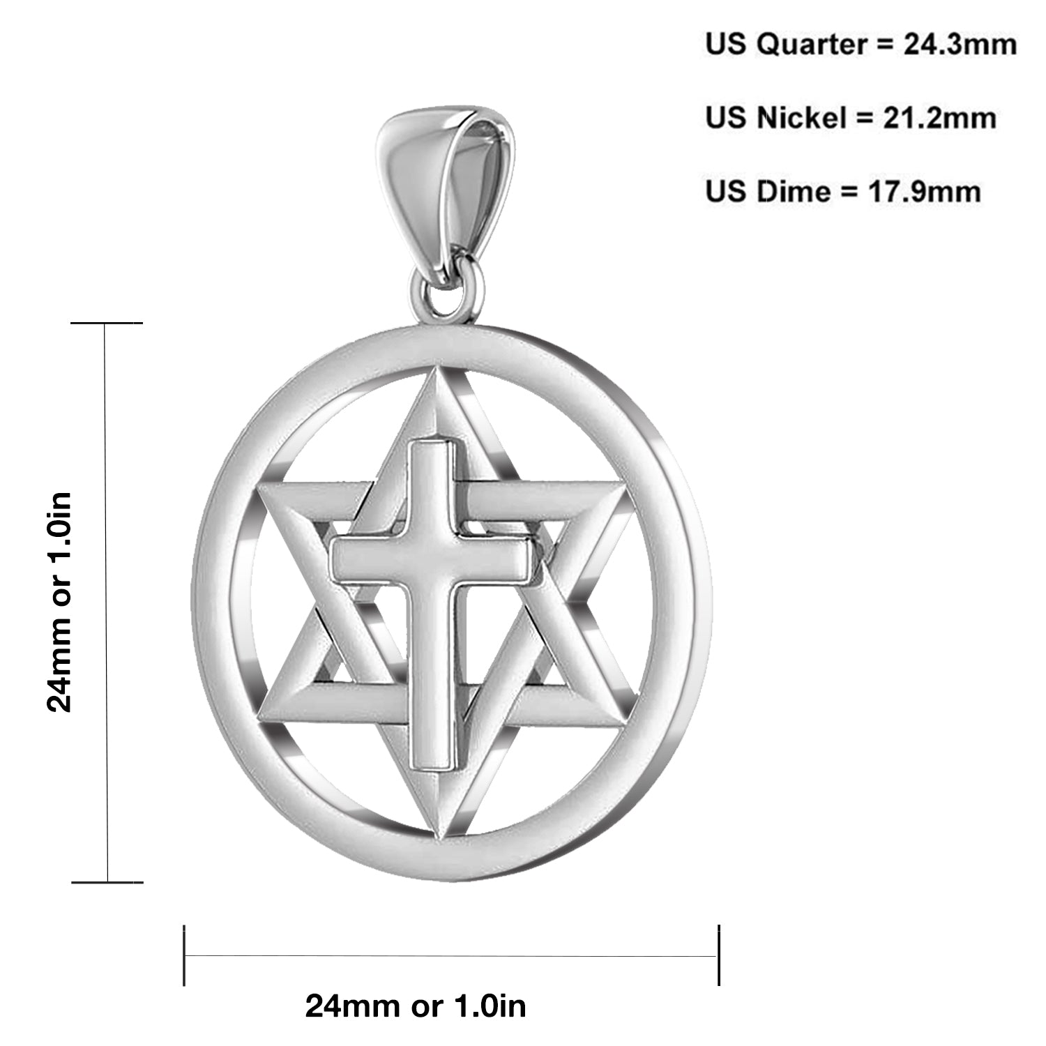 Ladies 925 Sterling Silver Star of David with Cross Jewish Pendant, 24mm - US Jewels