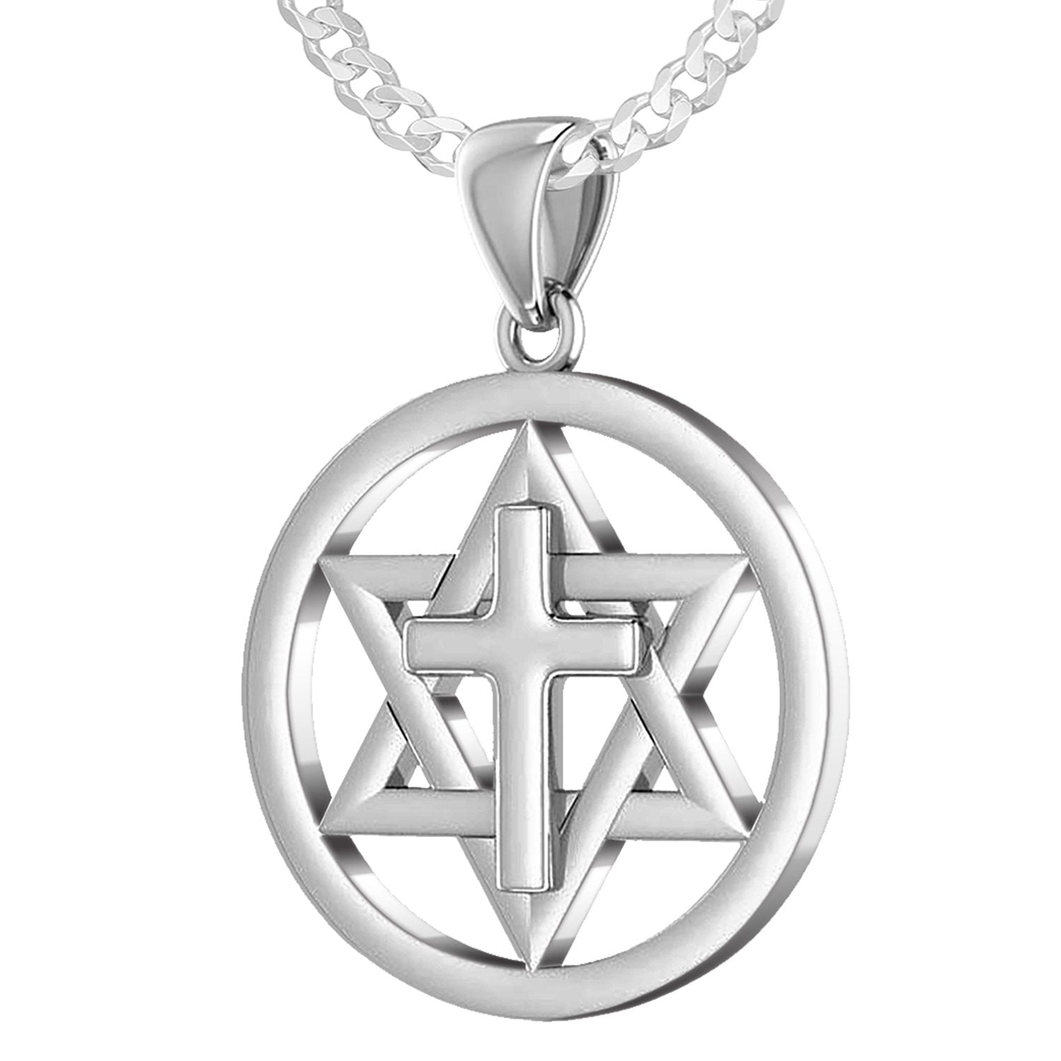 Ladies 925 Sterling Silver Star of David with Cross Jewish Pendant, 24mm - US Jewels