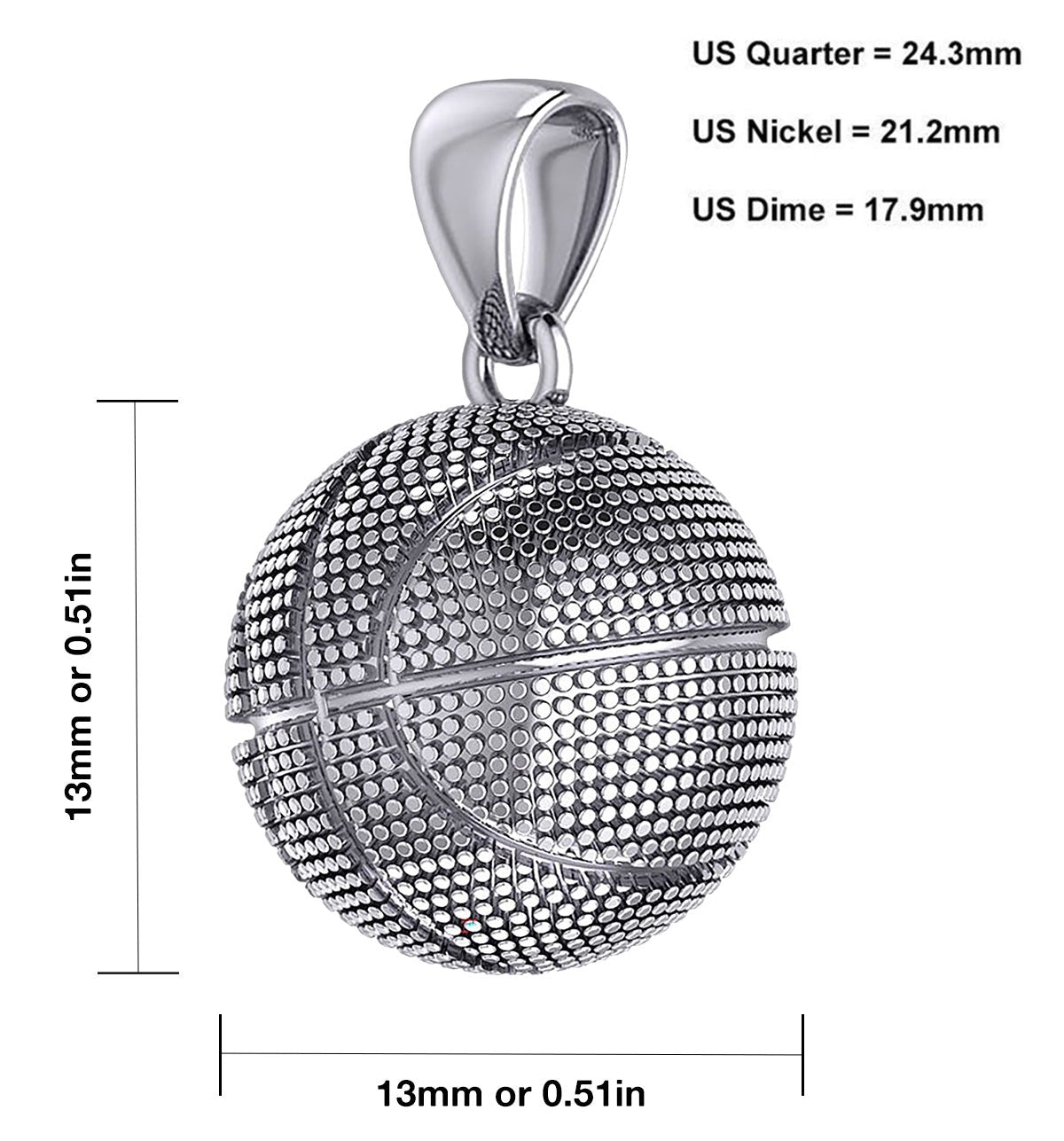 Ladies Small 925 Sterling Silver Textured Basketball Sports Pendant Necklace, 13mm - US Jewels