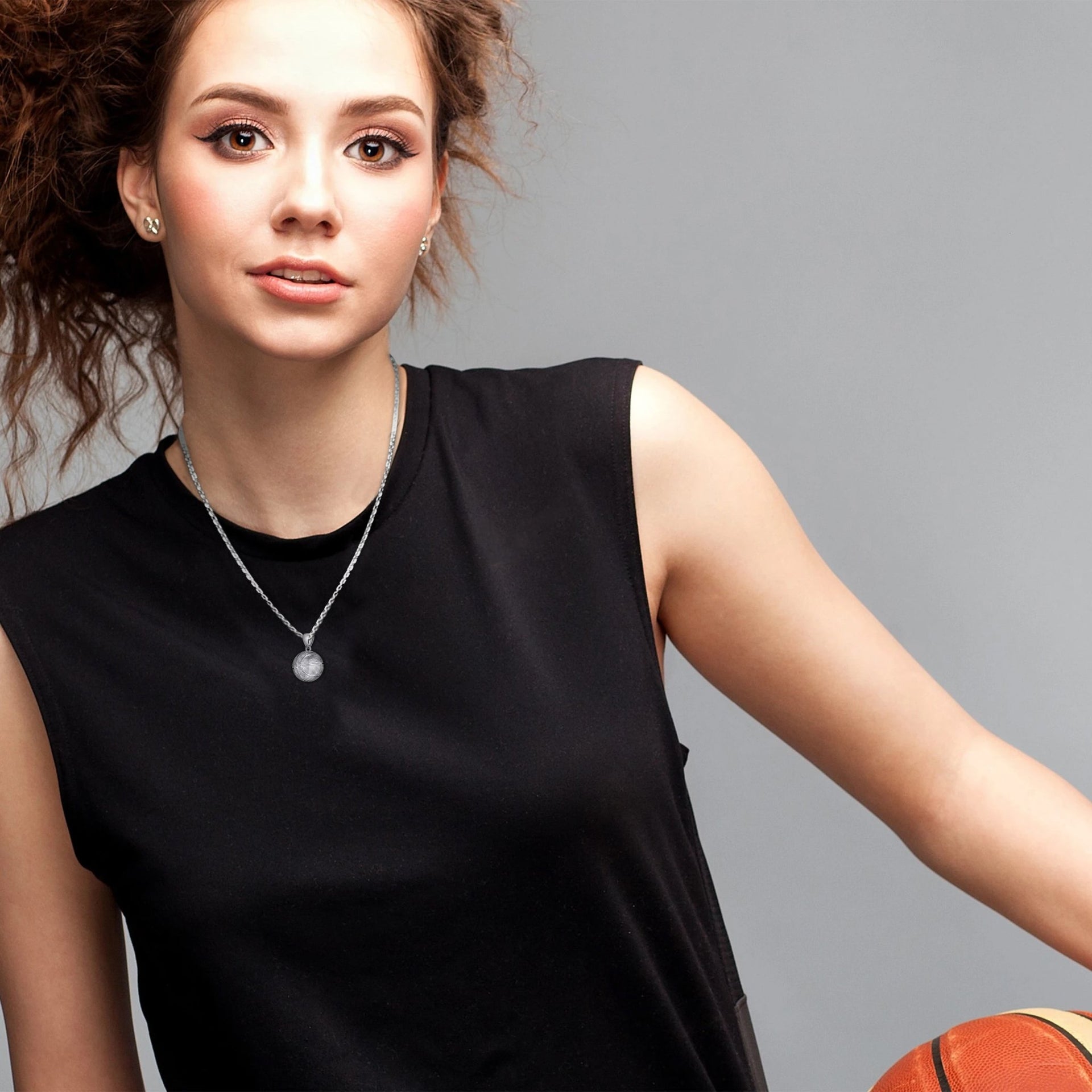 Ladies Small 925 Sterling Silver Textured Basketball Sports Pendant Necklace, 13mm - US Jewels