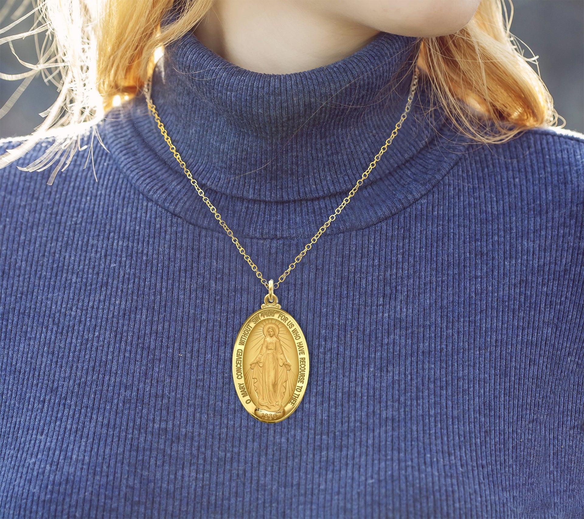 Ladies XL 14K Yellow Gold Miraculous Virgin Mary Solid Oval Polished Pendant Necklace, 39mm - US Jewels