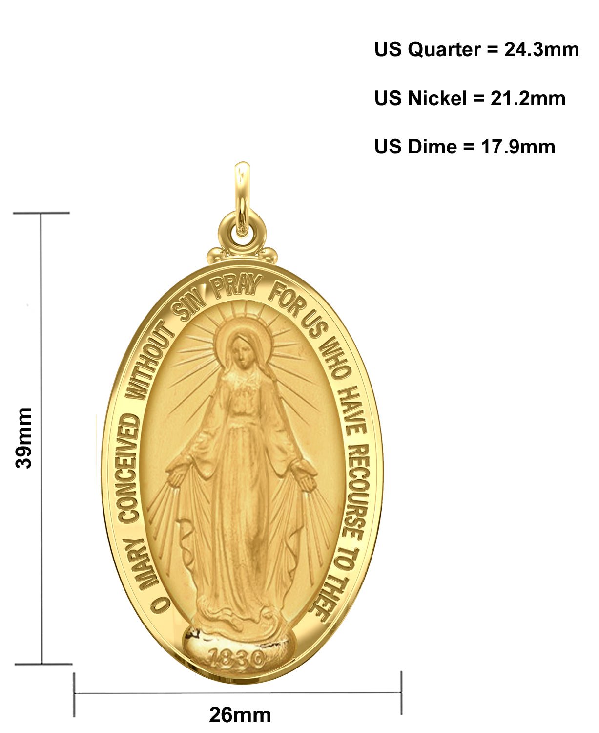 Ladies XL 14K Yellow Gold Miraculous Virgin Mary Solid Oval Polished Pendant Necklace, 39mm - US Jewels