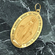 Ladies XL 14K Yellow Gold Miraculous Virgin Mary Solid Oval Polished Pendant Necklace, 39mm - US Jewels