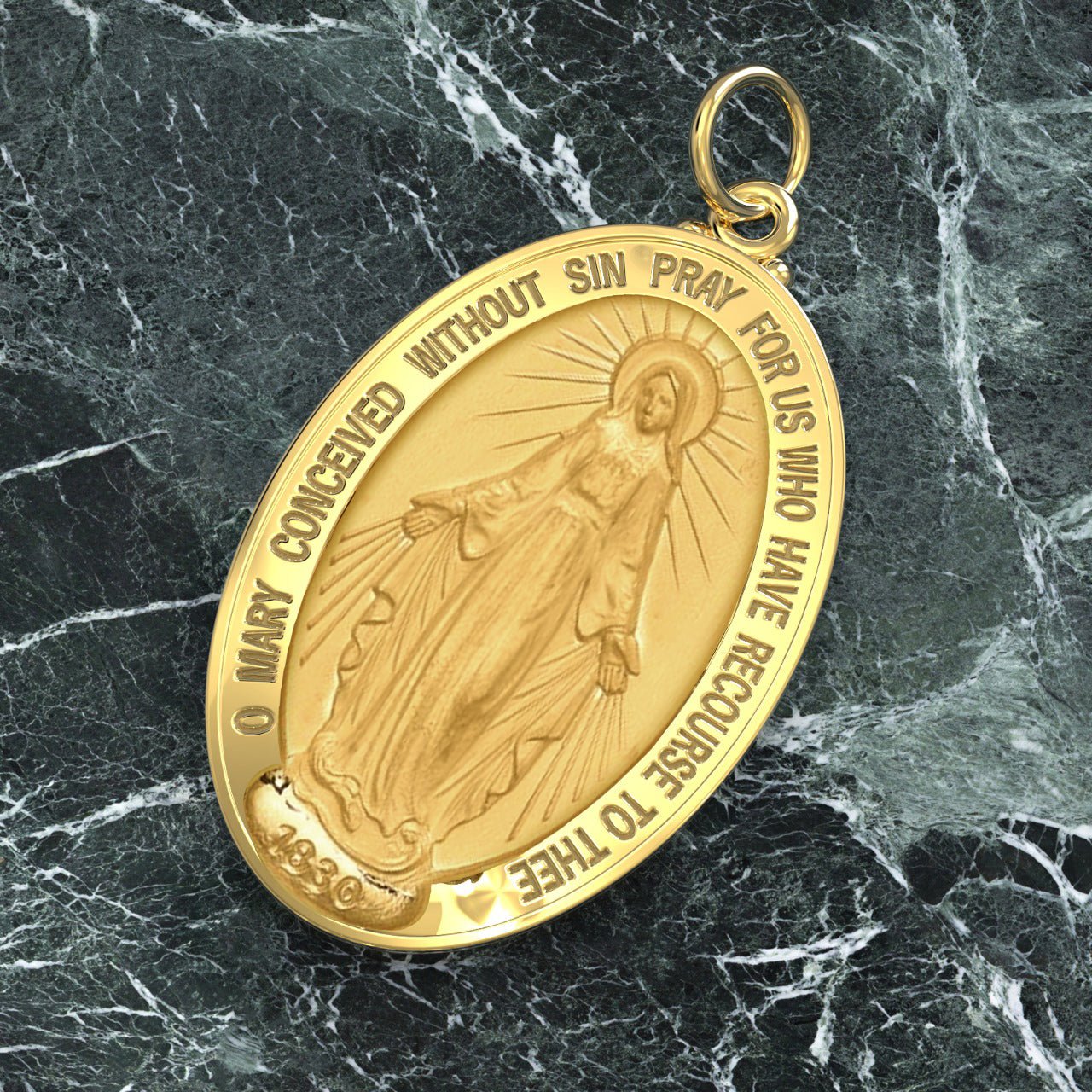 Ladies XL 14K Yellow Gold Miraculous Virgin Mary Solid Oval Polished Pendant Necklace, 39mm - US Jewels