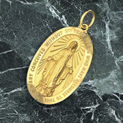 Large 14K Yellow Gold Miraculous Virgin Mary Solid Oval Polished Pendant Necklace, 36mm - US Jewels