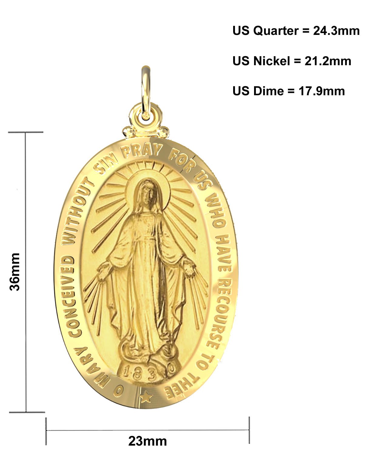 Large 14K Yellow Gold Miraculous Virgin Mary Solid Oval Polished Pendant Necklace, 36mm - US Jewels