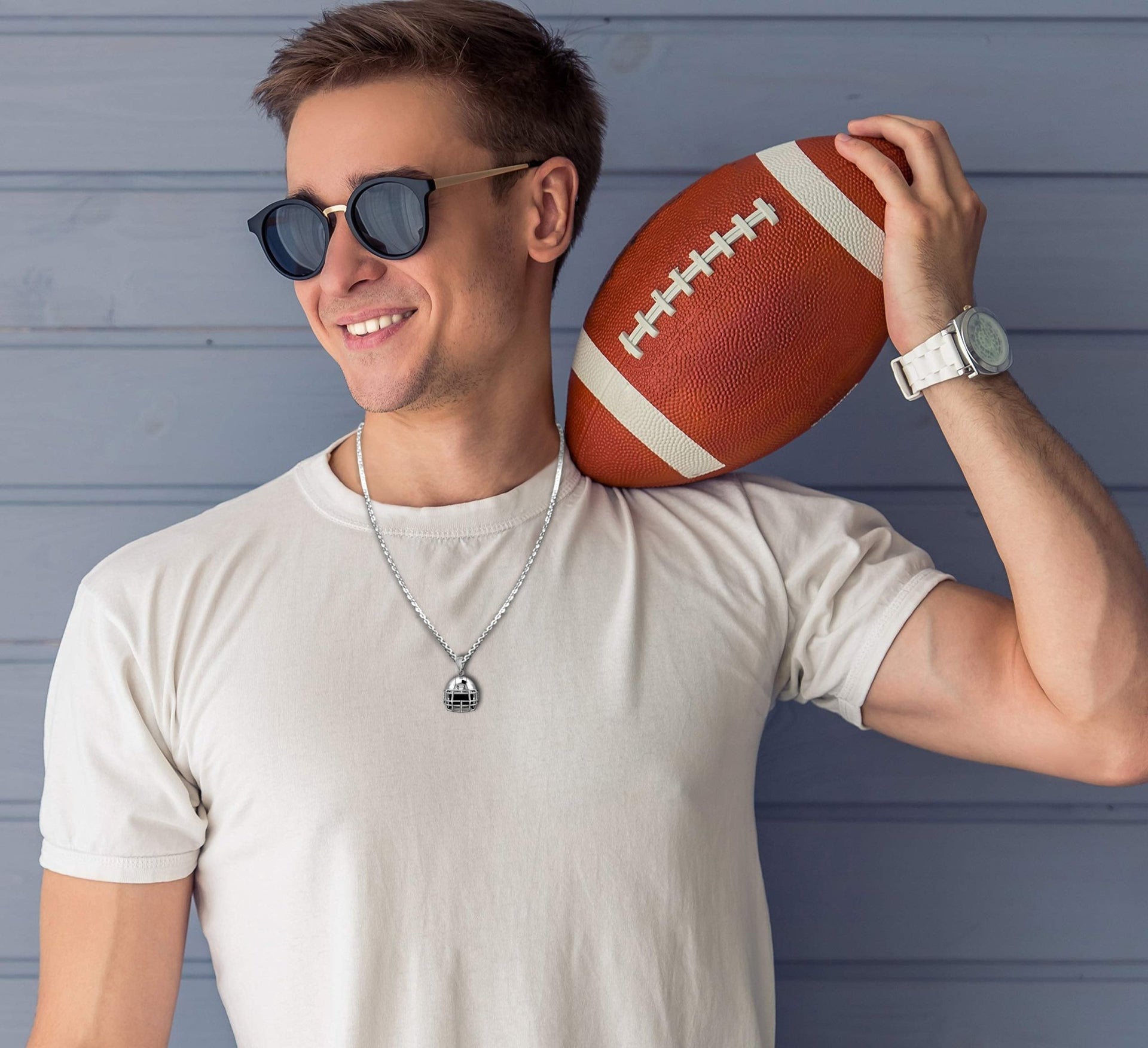 Large 925 Sterling Silver 3D Football Helmet Pendant Necklace, 22mm - US Jewels