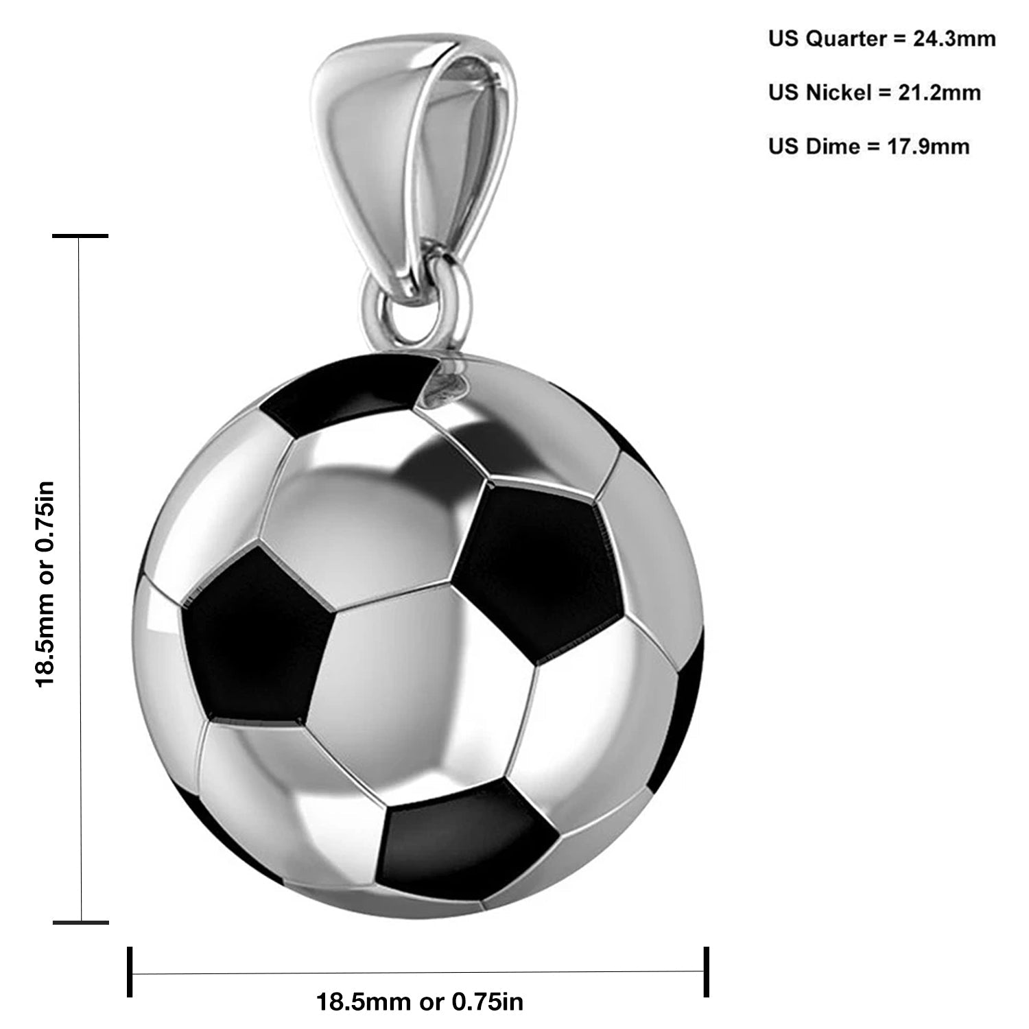 Large 925 Sterling Silver 3D Soccer Ball Football Pendant Necklace, 18.5mm - US Jewels