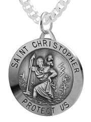 Large Men's 925 Sterling Silver Saint Christopher Round Antique Pendant Necklace, 32mm - US Jewels