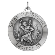 Large Men's 925 Sterling Silver Saint Christopher Round Antique Pendant Necklace, 32mm - US Jewels