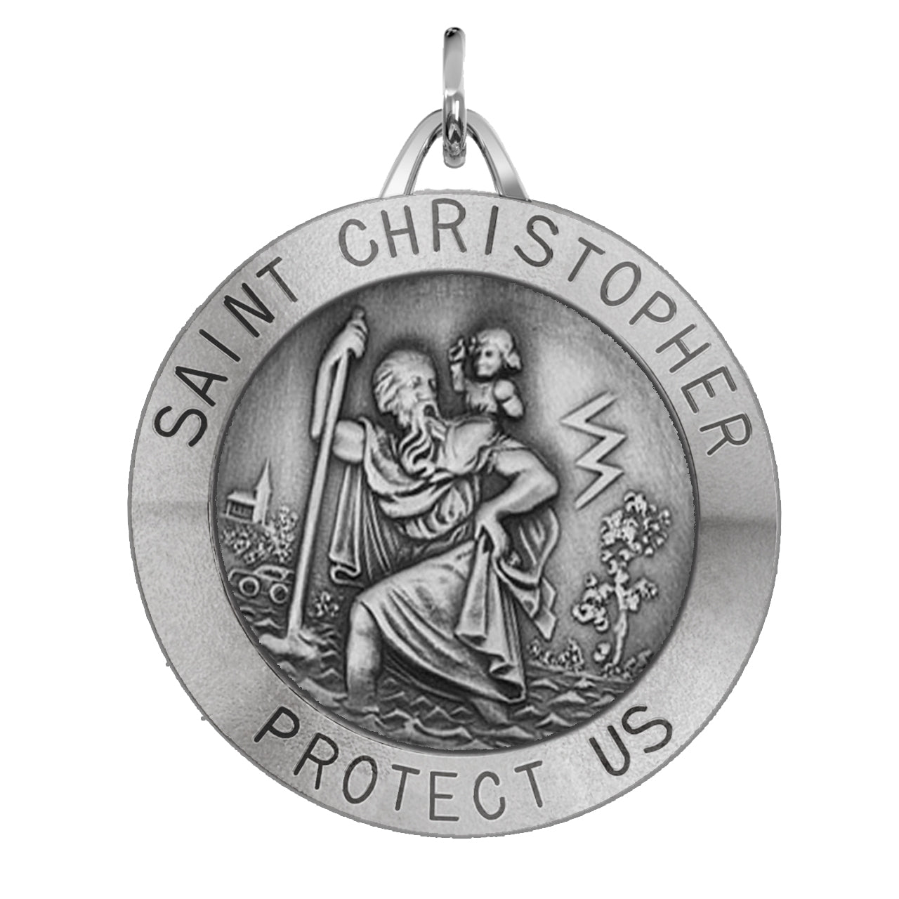 Large Men's 925 Sterling Silver Saint Christopher Round Antique Pendant Necklace, 32mm - US Jewels