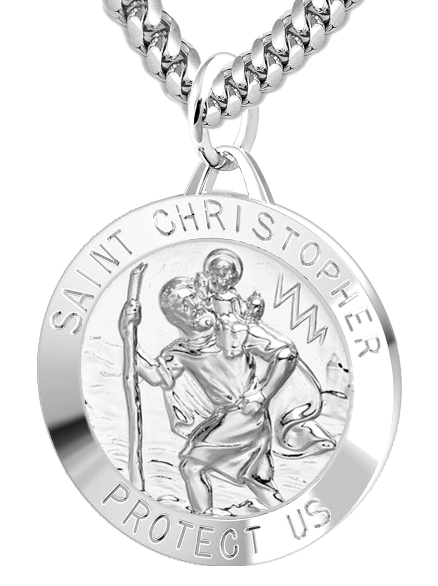 Large Men's 925 Sterling Silver Saint Christopher Round Polished Pendant Necklace, 32mm - US Jewels