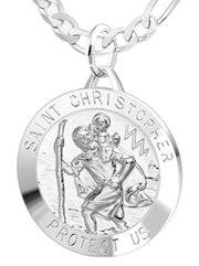 Large Men's 925 Sterling Silver Saint Christopher Round Polished Pendant Necklace, 32mm - US Jewels