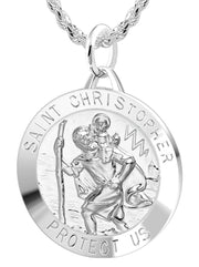 Large Men's 925 Sterling Silver Saint Christopher Round Polished Pendant Necklace, 32mm - US Jewels