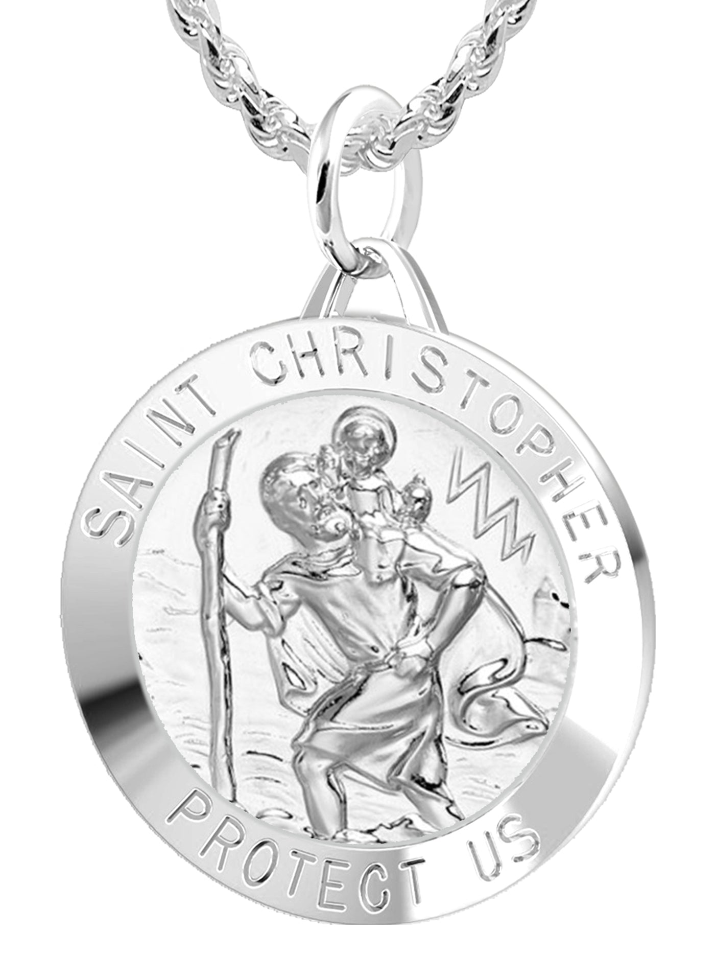 Large Men's 925 Sterling Silver Saint Christopher Round Polished Pendant Necklace, 32mm - US Jewels