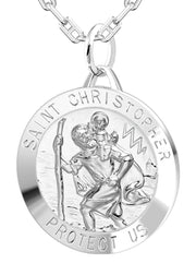 Large Men's 925 Sterling Silver Saint Christopher Round Polished Pendant Necklace, 32mm - US Jewels