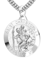 Large Men's 925 Sterling Silver Saint Christopher Round Polished Pendant Necklace, 32mm - US Jewels