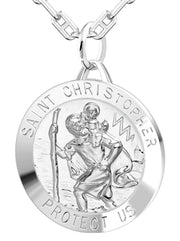 Large Men's 925 Sterling Silver Saint Christopher Round Polished Pendant Necklace, 32mm - US Jewels