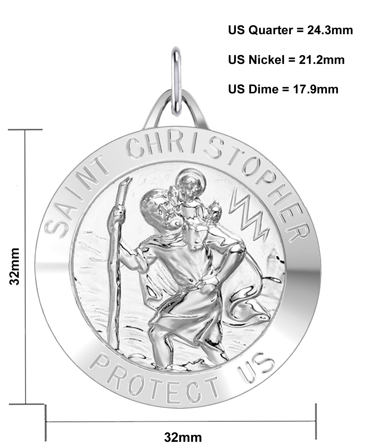 Large Men's 925 Sterling Silver Saint Christopher Round Polished Pendant Necklace, 32mm - US Jewels