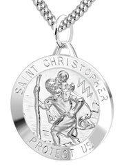 Large Men's 925 Sterling Silver Saint Christopher Round Polished Pendant Necklace, 32mm - US Jewels