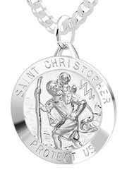 Large Men's 925 Sterling Silver Saint Christopher Round Polished Pendant Necklace, 32mm - US Jewels