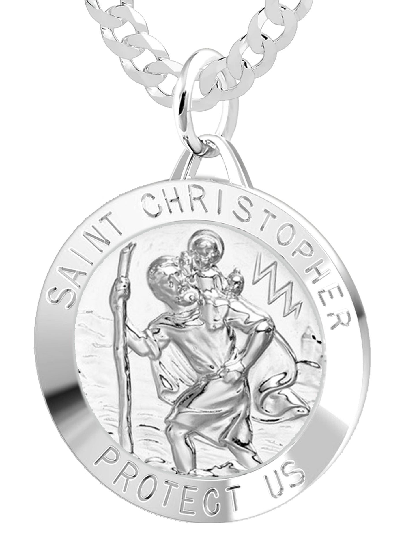 Large Men's 925 Sterling Silver Saint Christopher Round Polished Pendant Necklace, 32mm - US Jewels