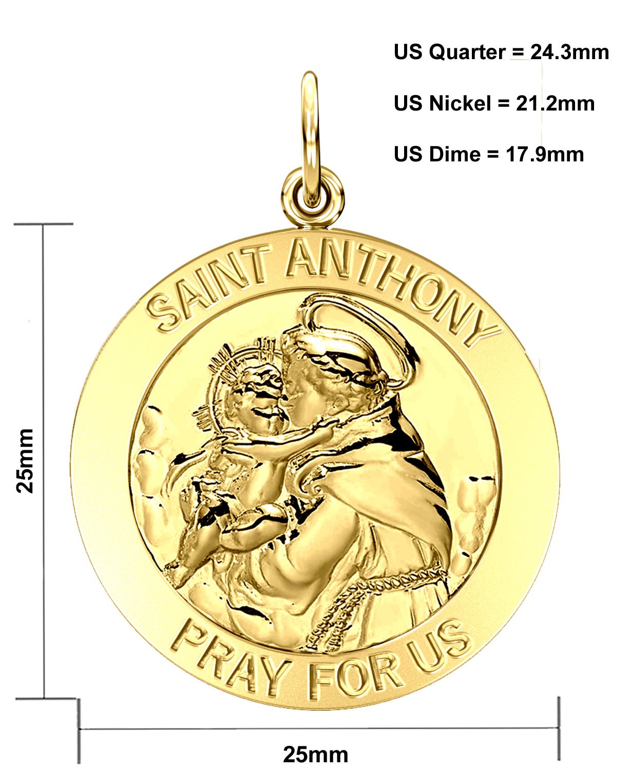 Men's 14K Gold Solid Saint Anthony Medal Pendant Necklace, 25mm - US Jewels