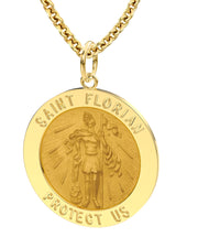Men's 14K Gold Solid Saint Florian Fireman Medal Pendant Necklace, 25mm - US Jewels