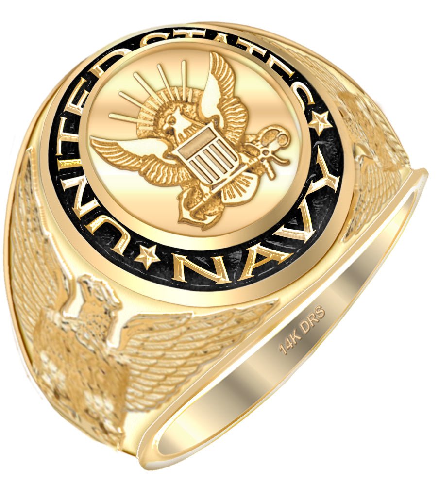 Men's 14k or 10k Yellow or White Gold United States Navy Military Solid Back Ring - US Jewels