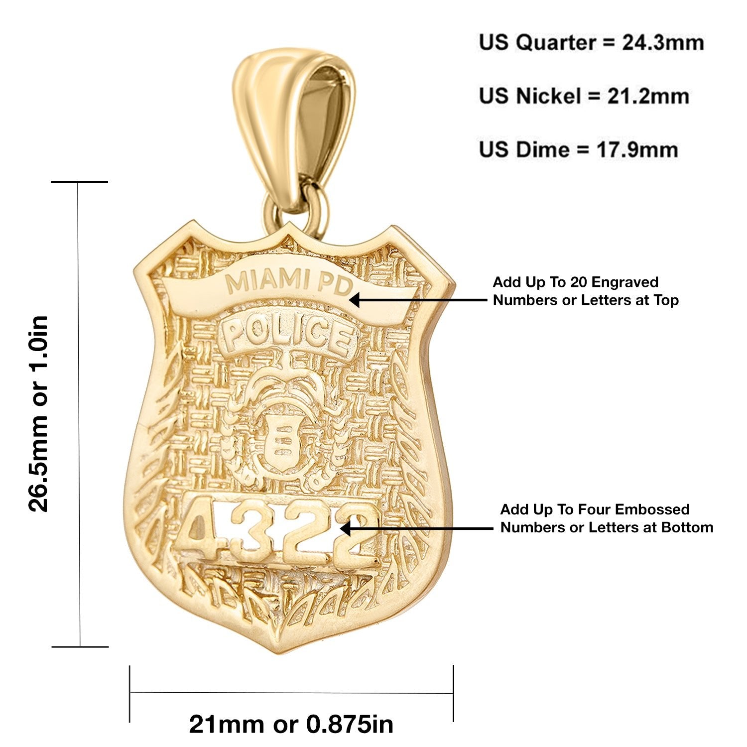 Men's 14K Yellow Gold Customizable Police Badge Pendant Necklace, 26mm - US Jewels