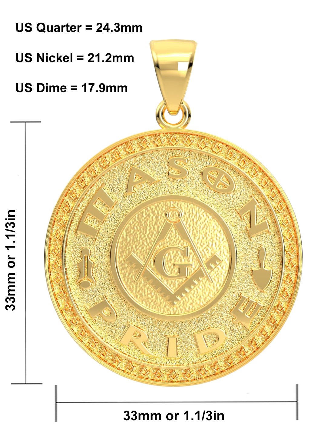 Men's 14k Yellow Gold Masonic Master Mason Solid Pendant Necklace, 33mm - US Jewels