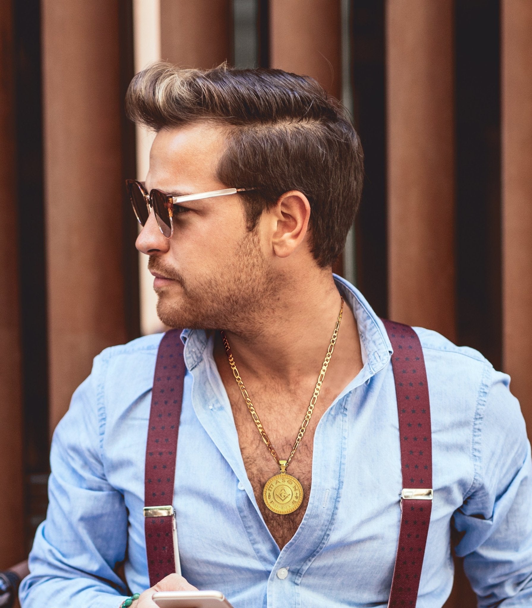 Men's 14k Yellow Gold Masonic Master Mason Solid Pendant Necklace, 33mm - US Jewels