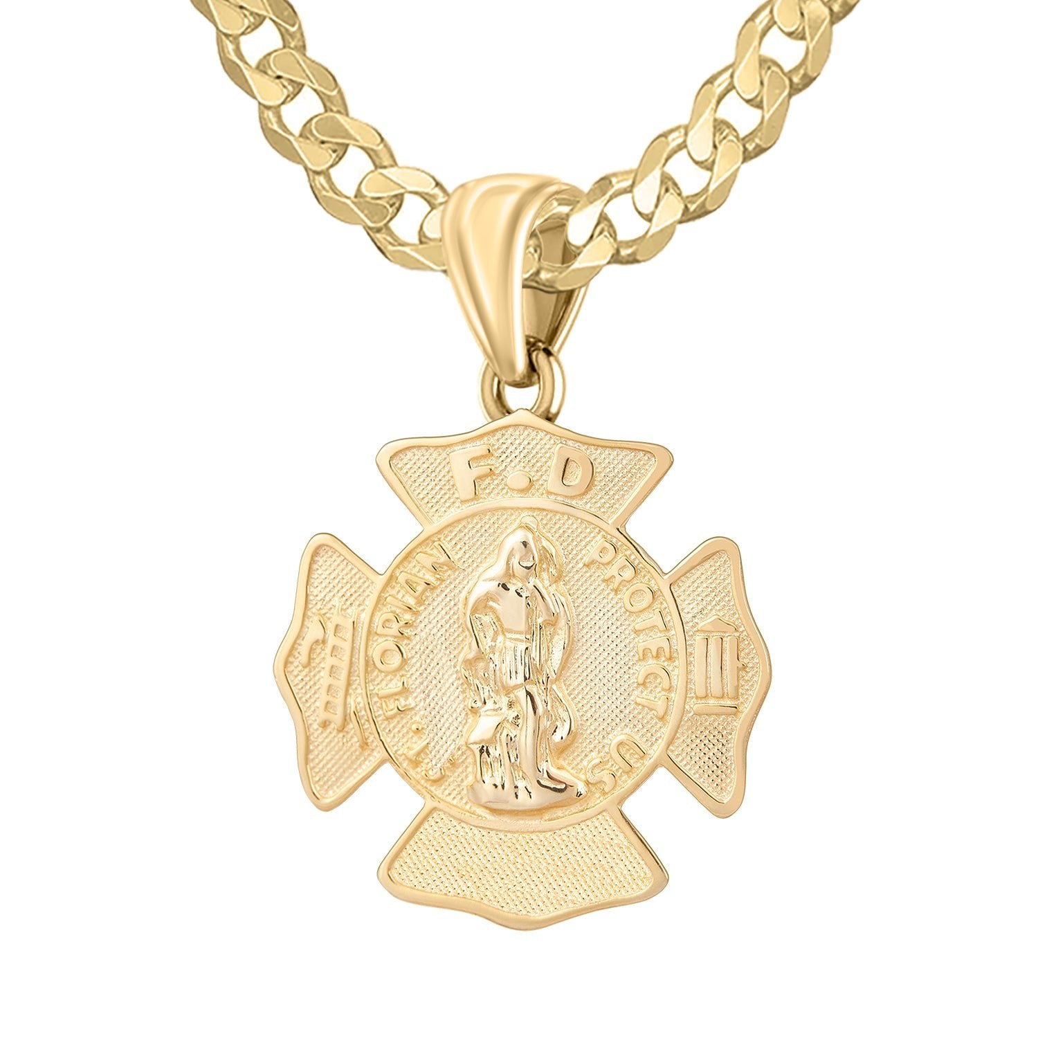 Men's 14K Yellow Gold Saint Florian Customizable Firefighter Pendant Necklace, 30mm - US Jewels