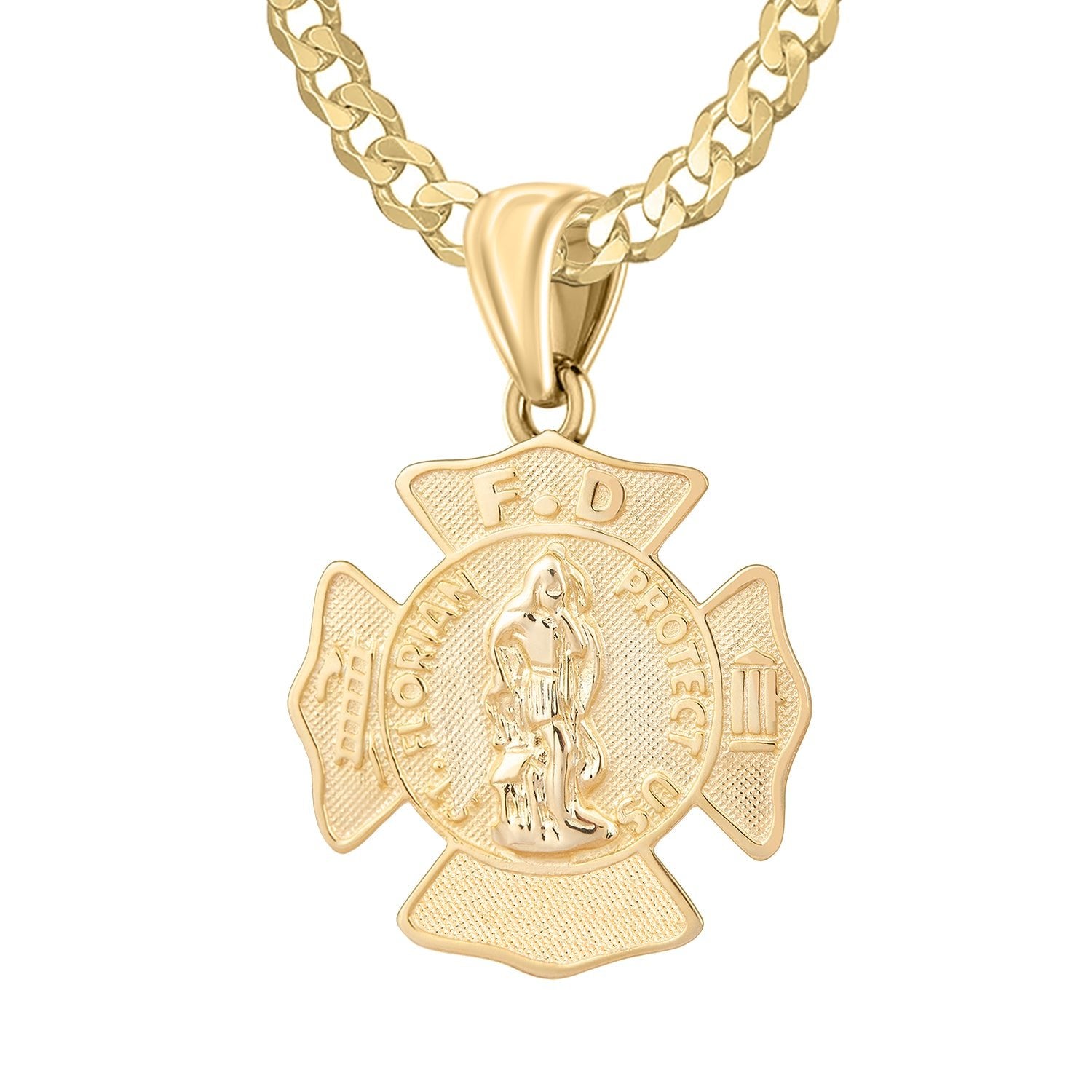 Men's 14K Yellow Gold Saint Florian Customizable Firefighter Pendant Necklace, 30mm - US Jewels