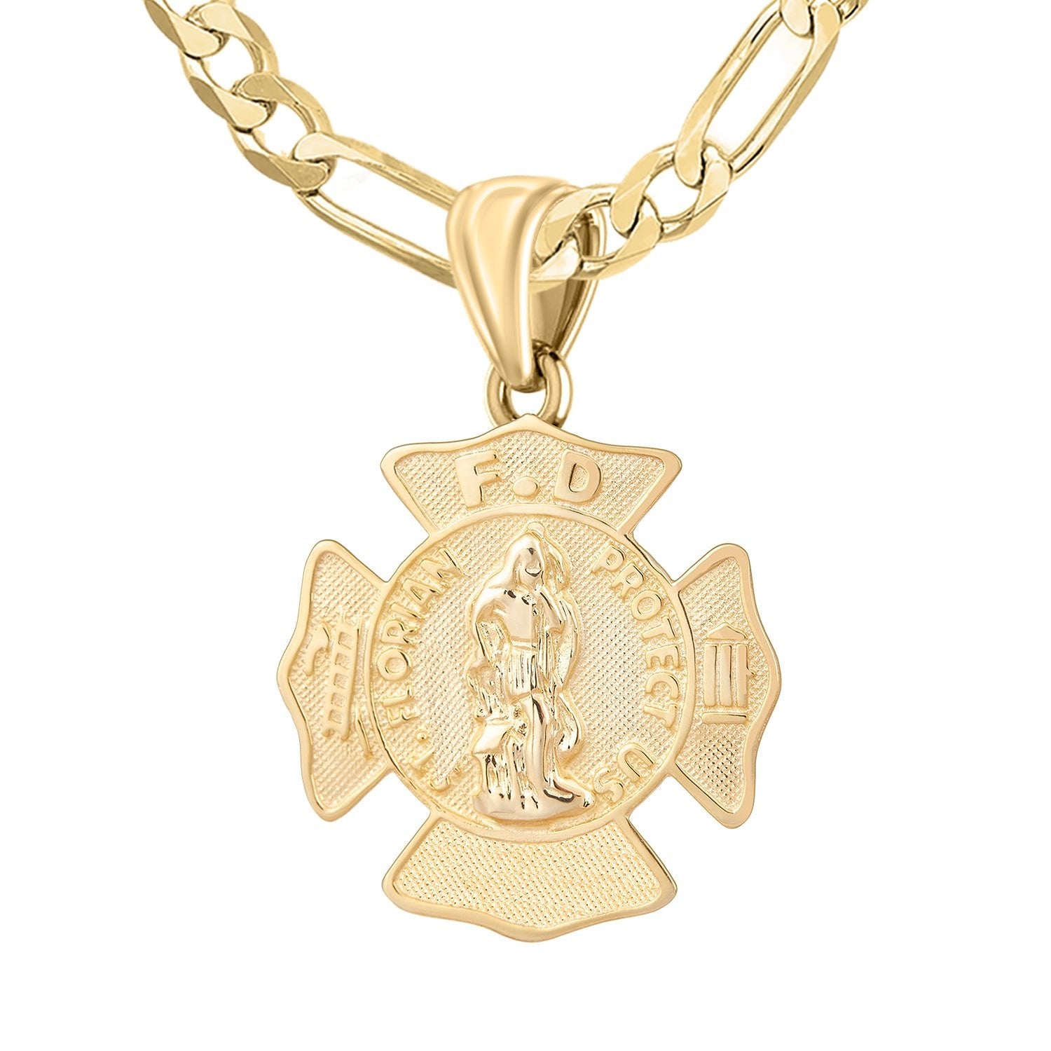 Men's 14K Yellow Gold Saint Florian Customizable Firefighter Pendant Necklace, 30mm - US Jewels