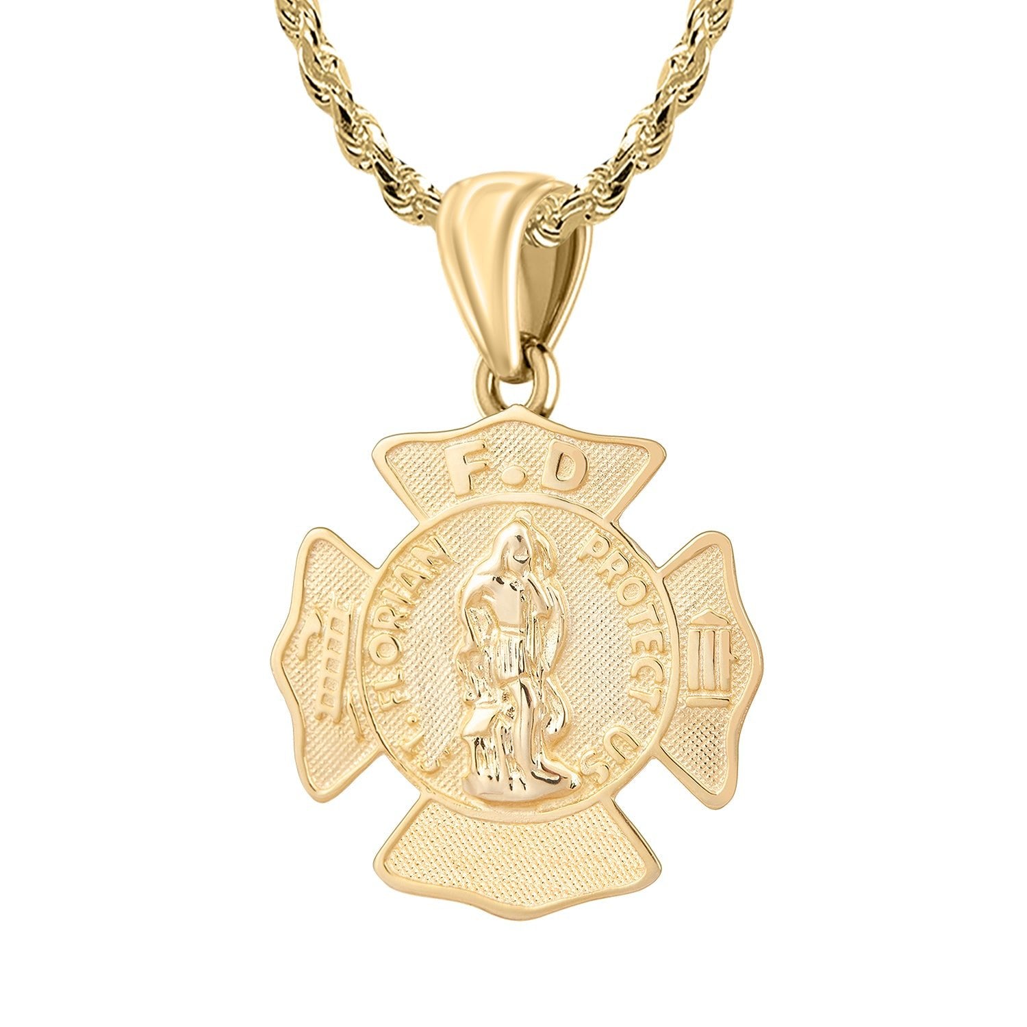 Men's 14K Yellow Gold Saint Florian Customizable Firefighter Pendant Necklace, 30mm - US Jewels