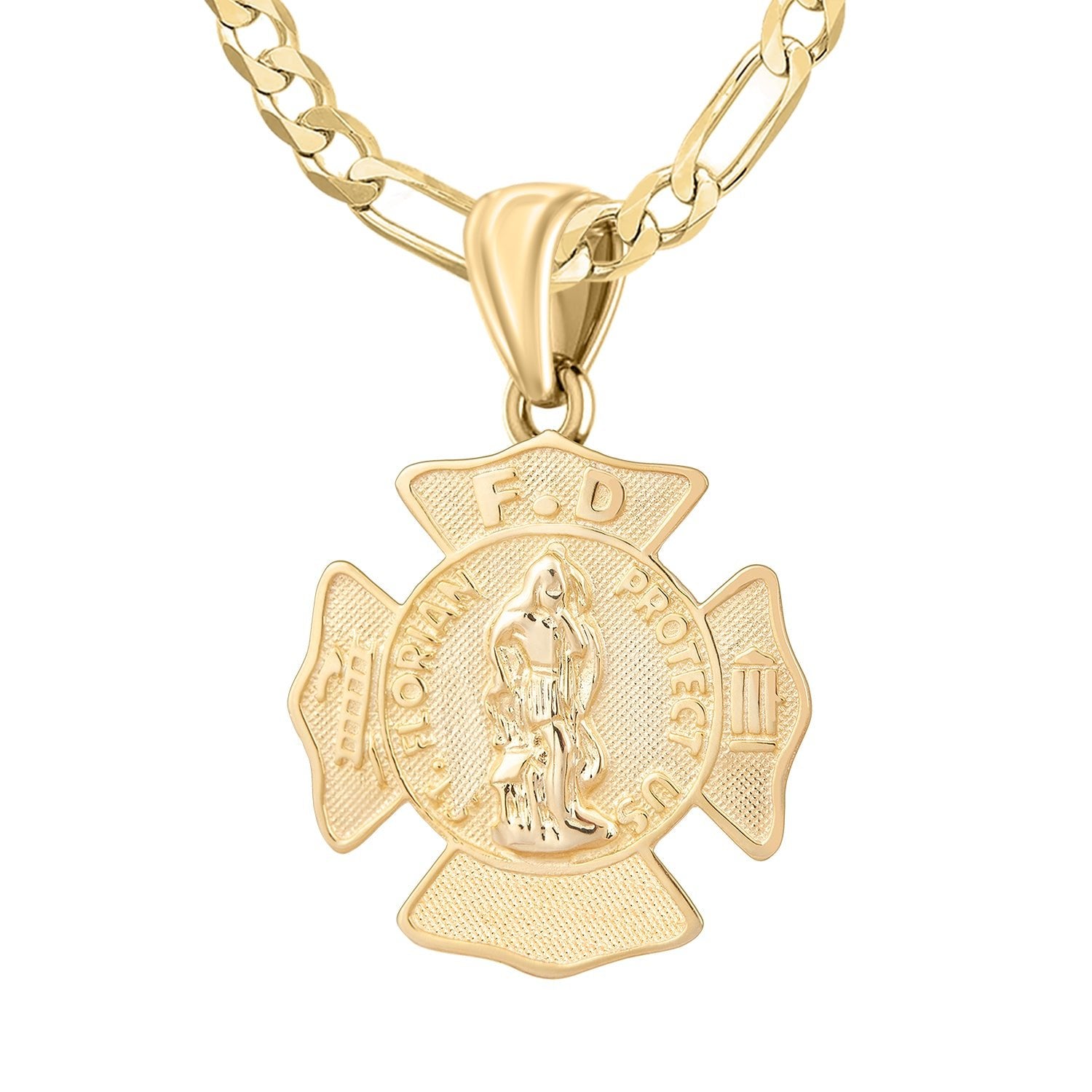 Men's 14K Yellow Gold Saint Florian Customizable Firefighter Pendant Necklace, 30mm - US Jewels