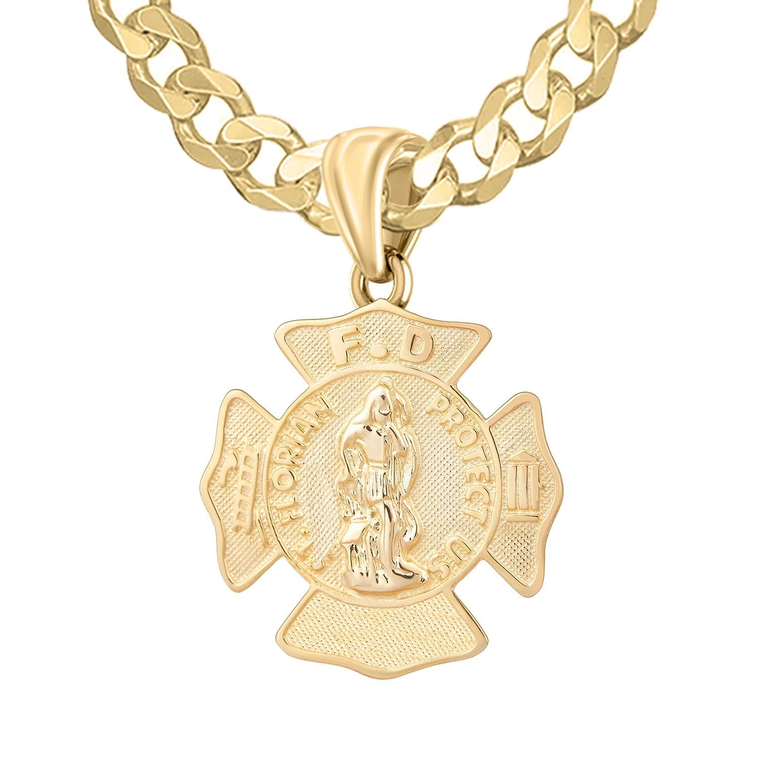 Men's 14K Yellow Gold Saint Florian Customizable Firefighter Pendant Necklace, 30mm - US Jewels