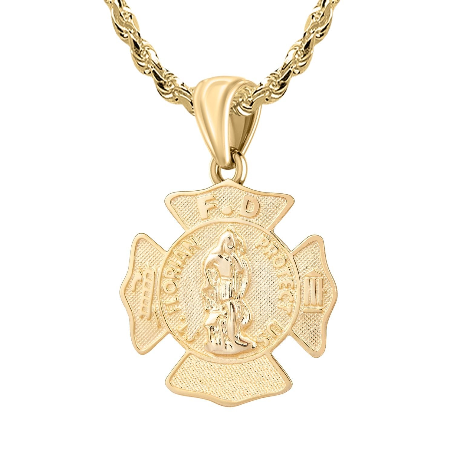 Men's 14K Yellow Gold Saint Florian Customizable Firefighter Pendant Necklace, 30mm - US Jewels