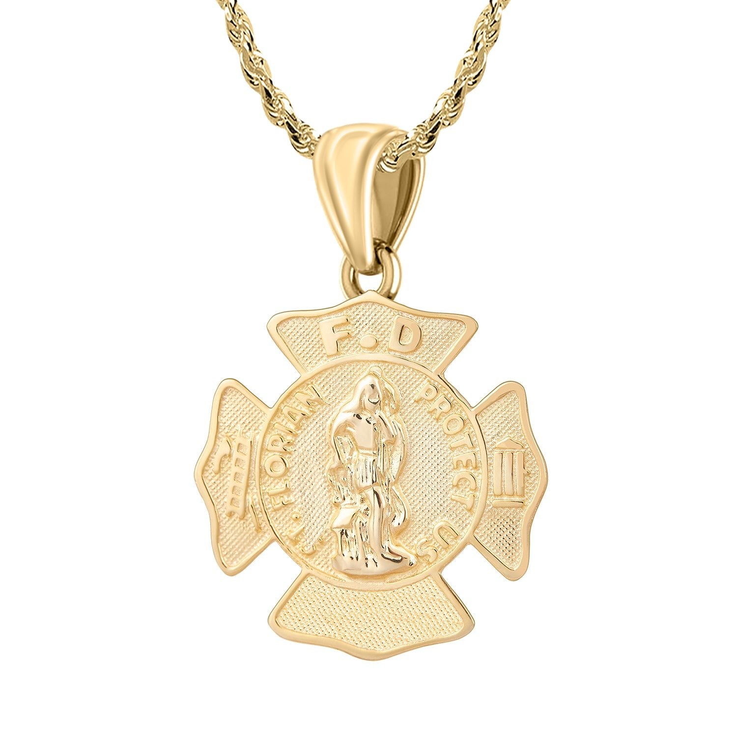 Men's 14K Yellow Gold Saint Florian Customizable Firefighter Pendant Necklace, 30mm - US Jewels