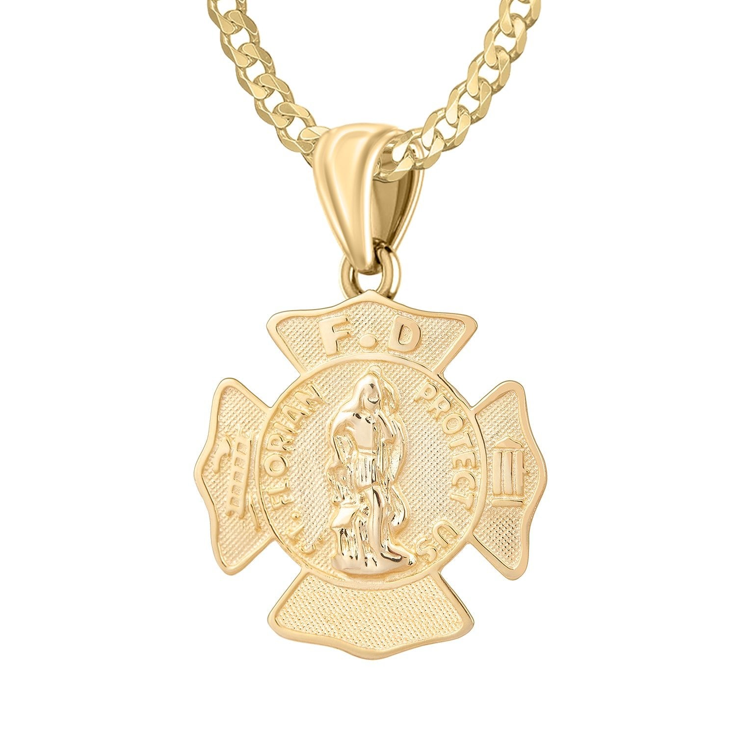 Men's 14K Yellow Gold Saint Florian Customizable Firefighter Pendant Necklace, 30mm - US Jewels