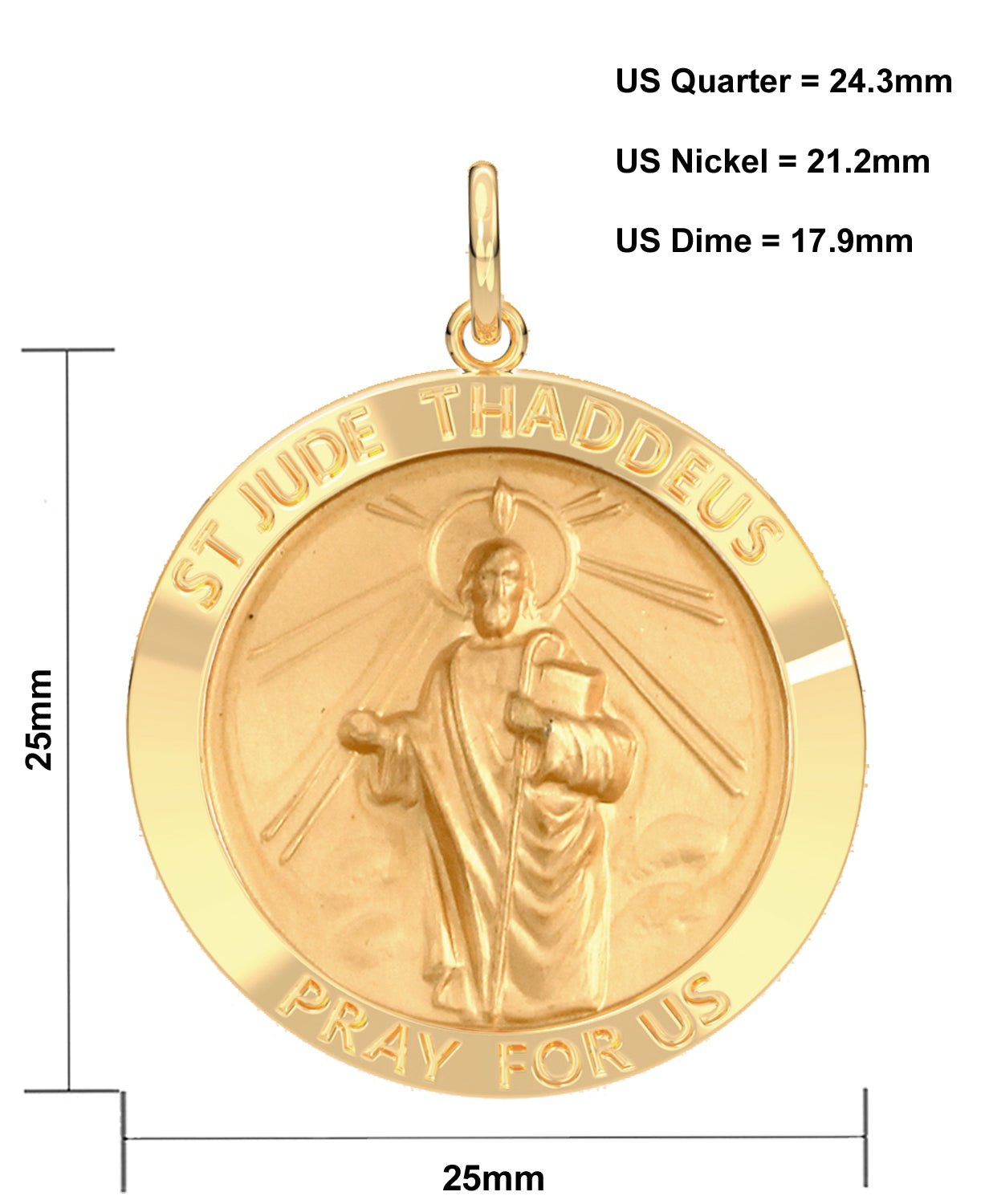 Men's 14k Yellow Gold Solid St Saint Jude Thaddeus Medal Pendant Necklace, 25mm - US Jewels