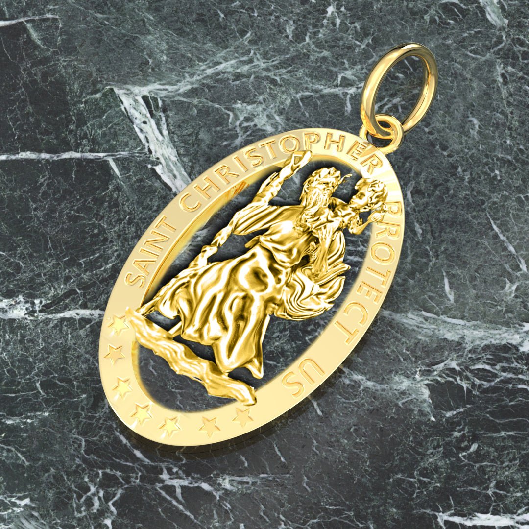 Men's 14k Yellow Gold St Christopher Oval Polished Pierced Pendant Necklace, 32mm - US Jewels