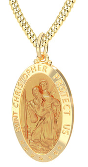 Men's 14k Yellow Gold St Christopher Oval Polished Solid Pendant Necklace, 32mm - US Jewels