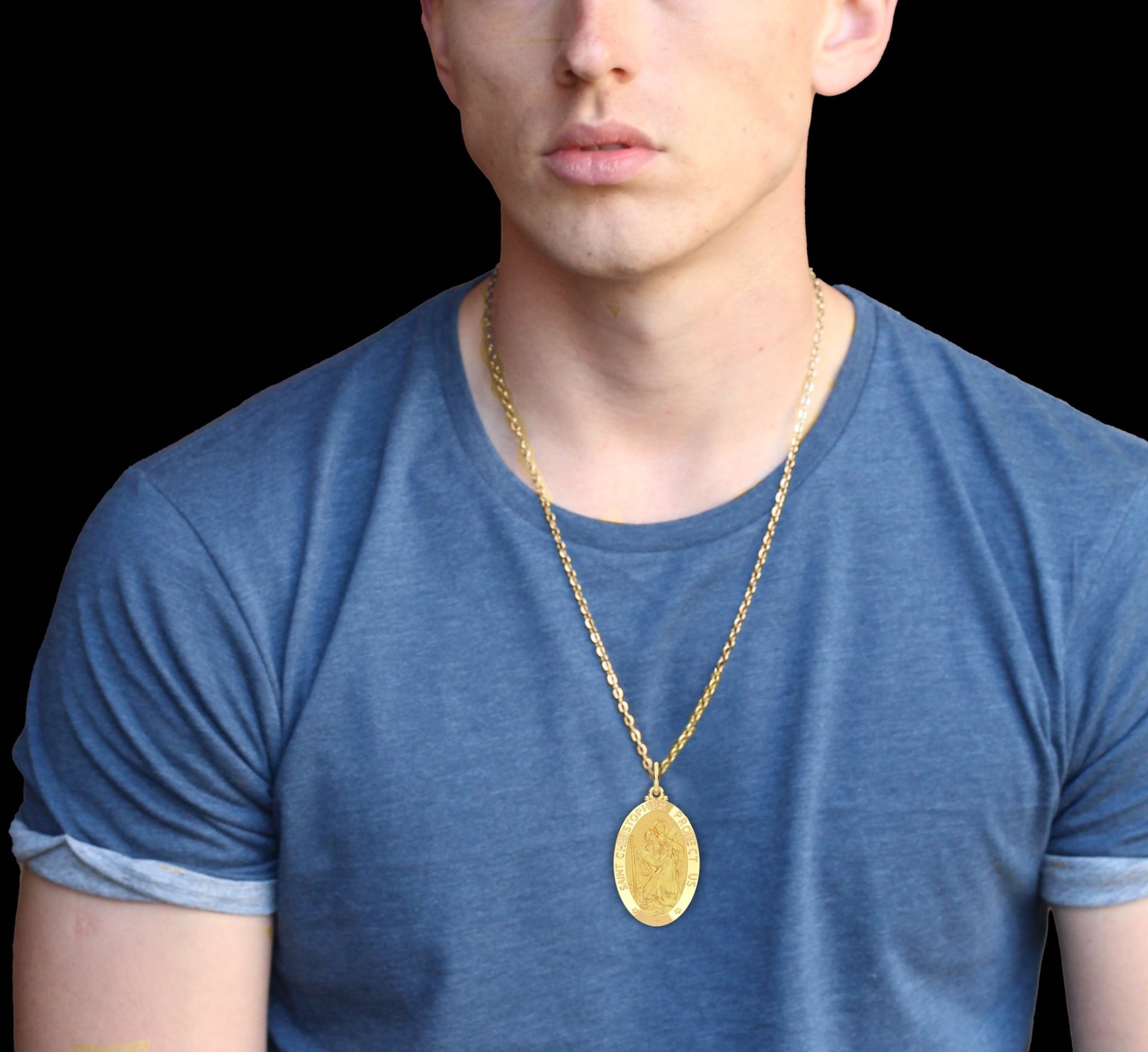 Men's 14k Yellow Gold St Christopher Oval Polished Solid Pendant Necklace, 32mm - US Jewels