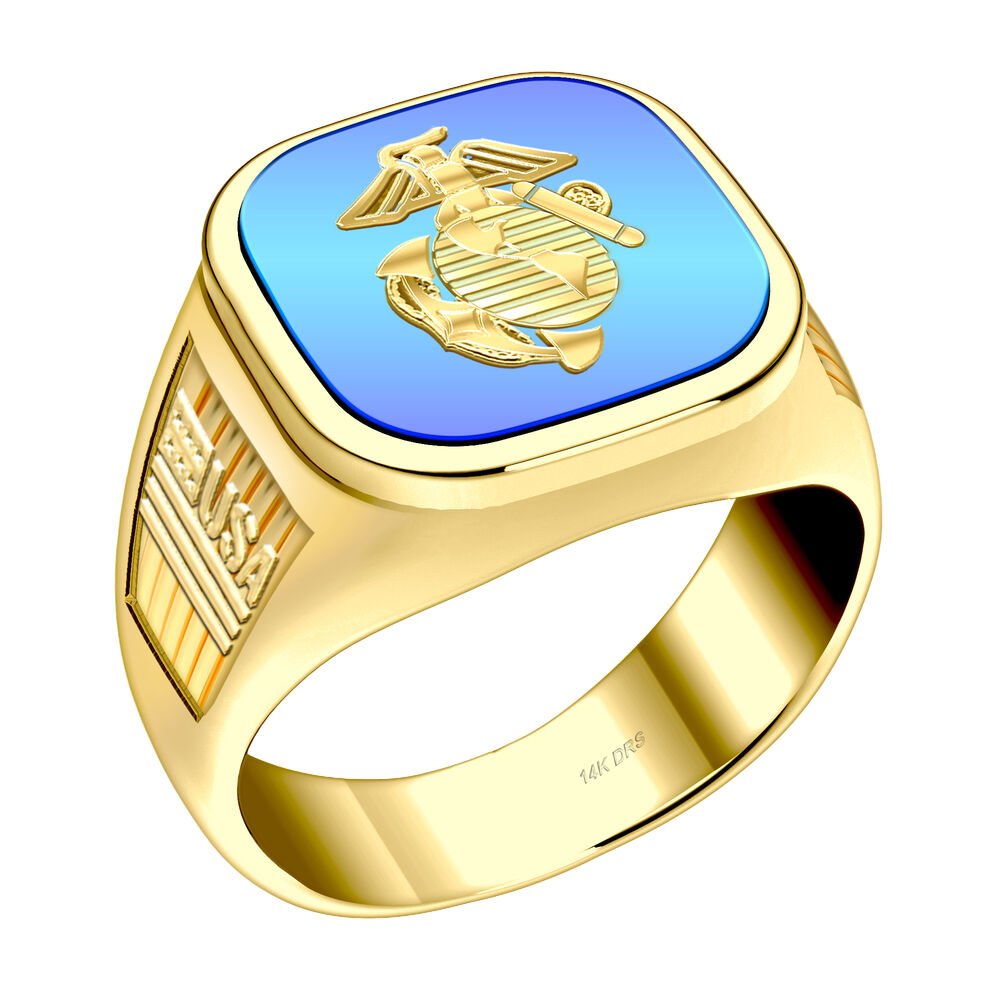 Men's 14k Yellow Gold US Marine Corps Military Ring Band - US Jewels