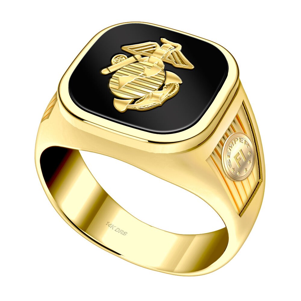 Men's 14k Yellow Gold US Marine Corps Military Ring Band - US Jewels