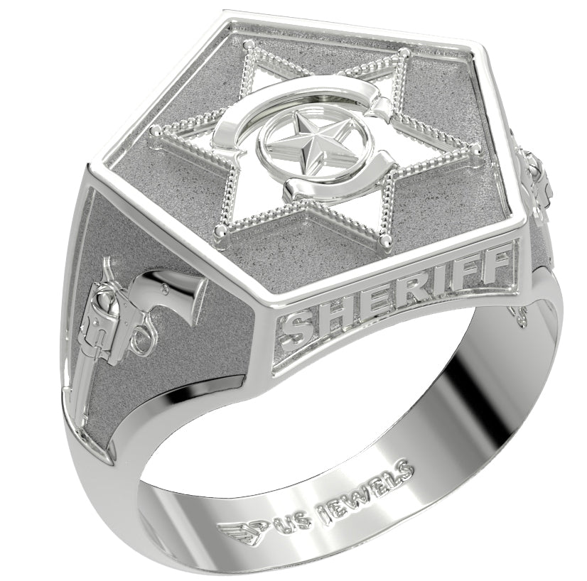 Men's 14K Yellow, White or Two Tone Gold Solid Back Sheriff Ring - US Jewels
