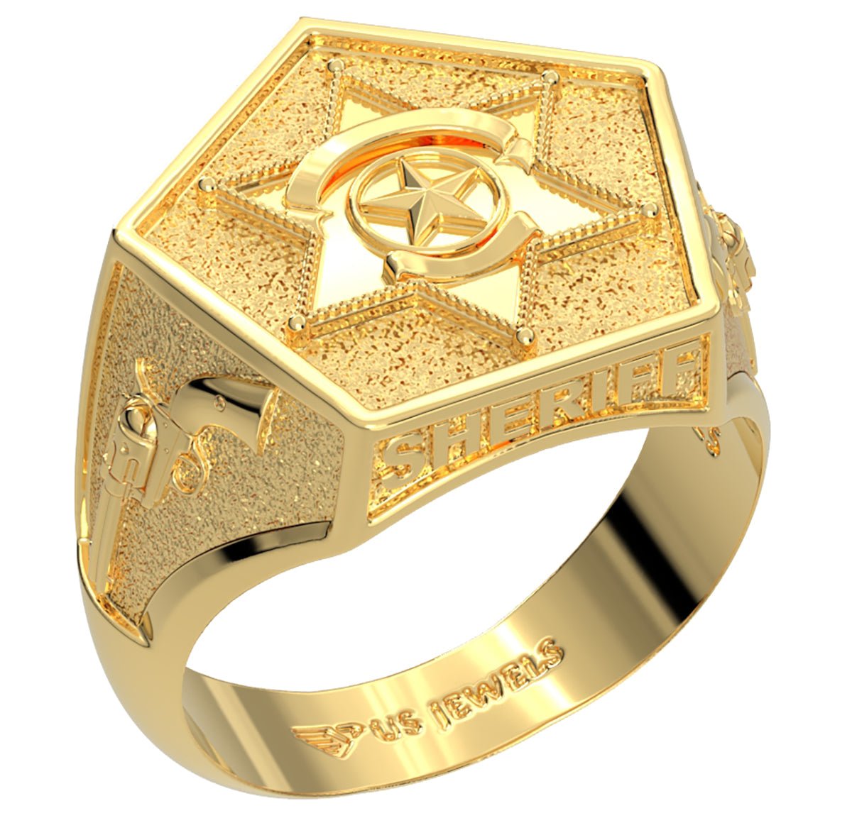 Men's 14K Yellow, White or Two Tone Gold Solid Back Sheriff Ring - US Jewels