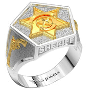 Men's 14K Yellow, White or Two Tone Gold Solid Back Sheriff Ring - US Jewels